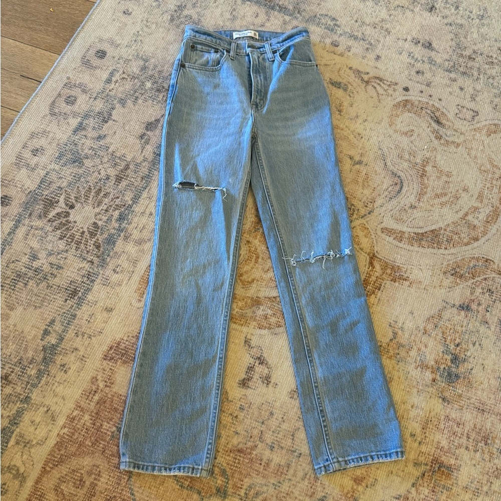 Abercrombie & Fitch High-Rise Light Blue Distressed Straight Jeans